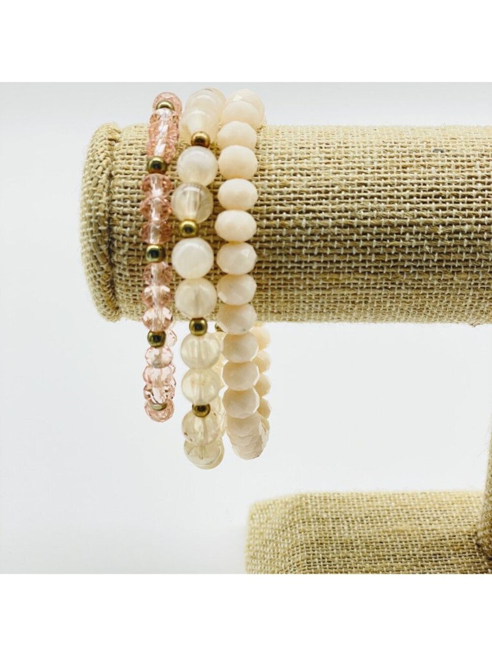Stretch Bead Bracelets Lot of 3 Cream Pink Gold Tone Stackable